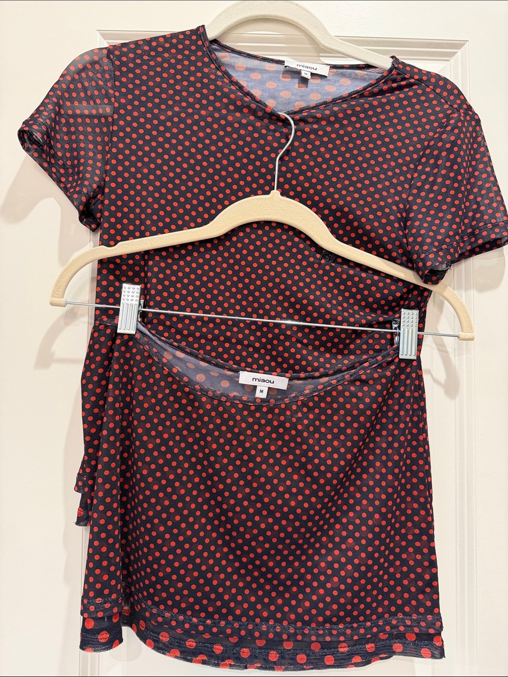 Miaou Black Sheer Short-Sleeve Top with Red Polka Dots